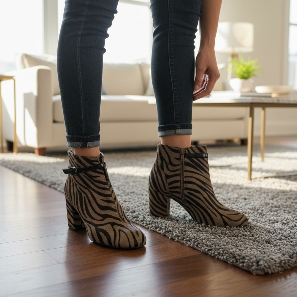 Aerosoles Patrole Car Zebra Print Calf Hair Ankle Boots Womens 9M Brown Black